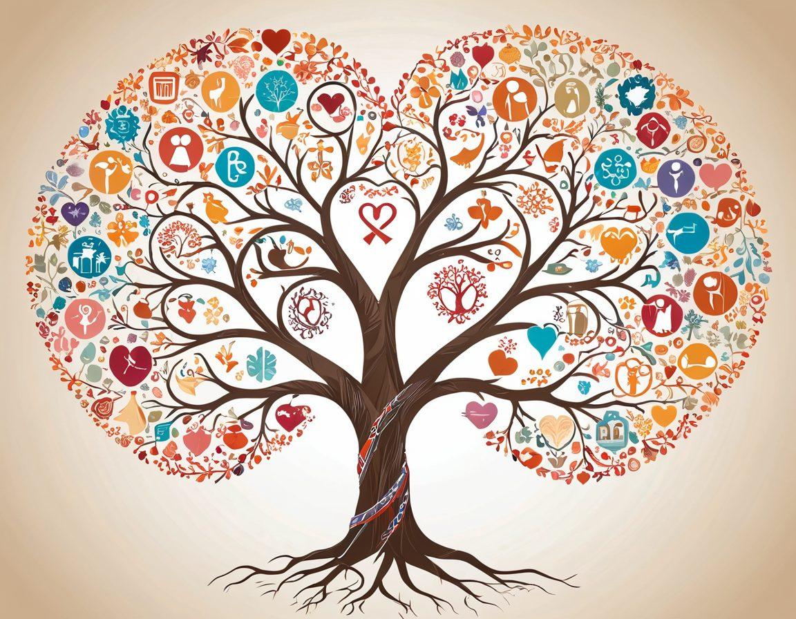 A family tree with intricate branches representing different generations, adorned with DNA strands that swirl around heart shapes and cancer awareness ribbons. Each branch features unique icons symbolizing various forms of cancer, alongside images of doctors discussing treatment options with diverse family members. Warm and inviting colors to symbolize hope and resilience in the face of genetic challenges. super-realistic. vibrant colors. white background.