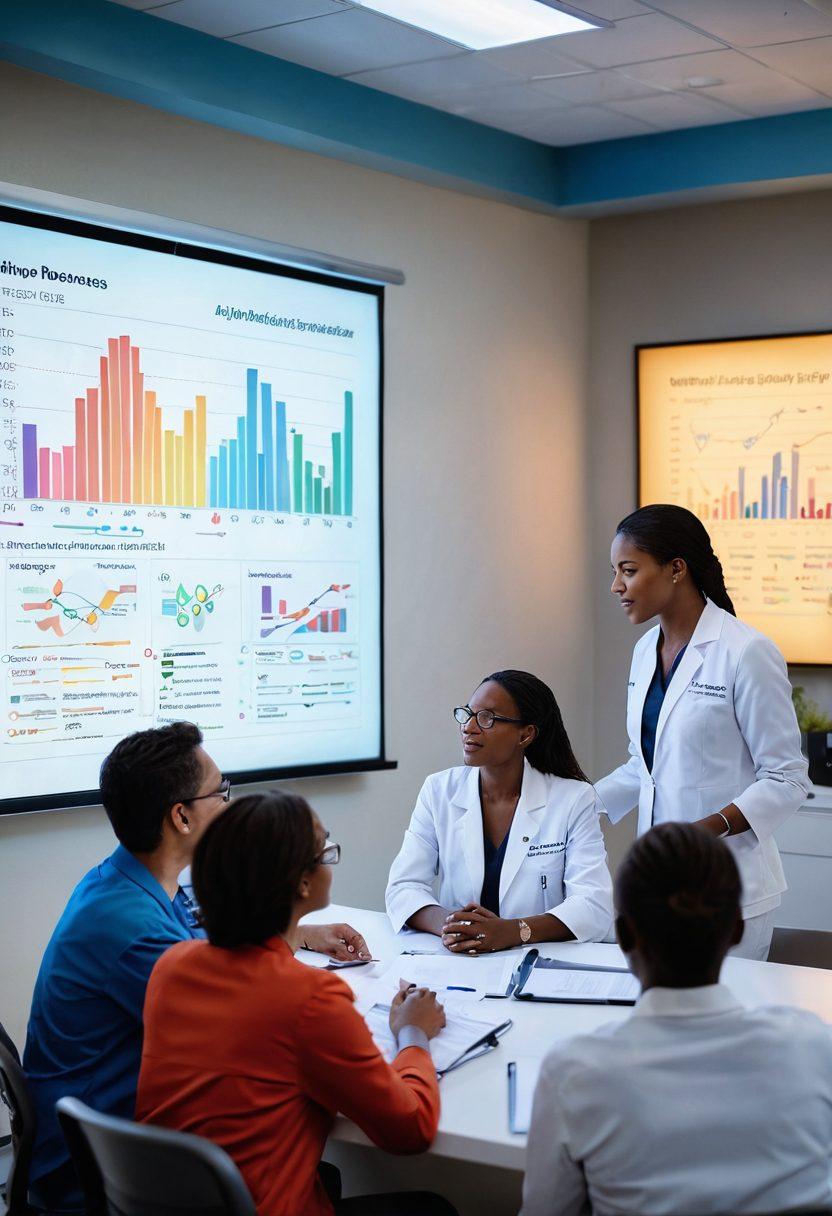 A compassionate healthcare professional discussing genetic insights with a diverse group of patients in a modern clinic, surrounded by DNA helixes and informative charts. The setting conveys a sense of empowerment and support, with vibrant colors representing hope and progress. Include a soft light glowing from the background to symbolize knowledge and understanding. super-realistic. vibrant colors. modern clinic setting.