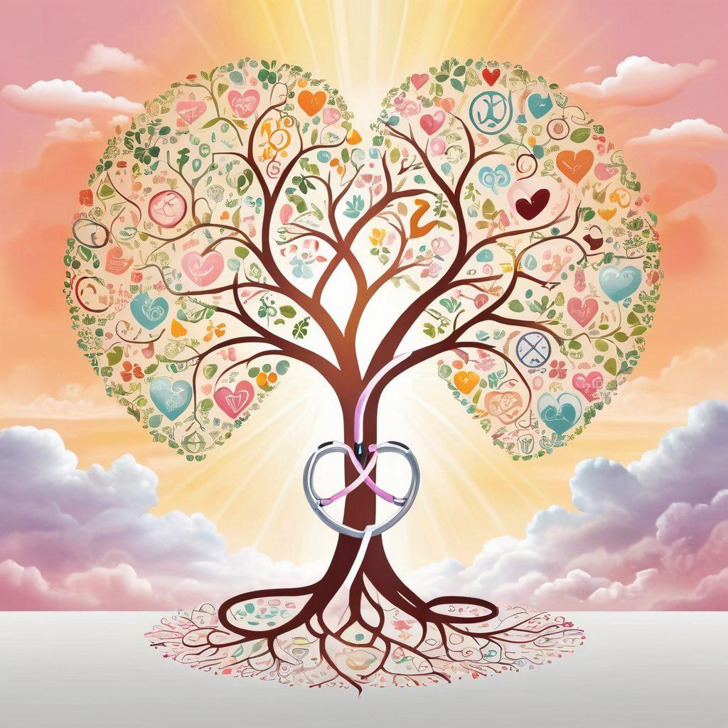 An illustrated family tree with highlighted branches representing genetic links to cancer, interspersed with wellness symbols like a stethoscope and a heart. The background features soft pastel colors to evoke warmth and support, while sun rays break through clouds symbolizing hope and survivorship. Include diverse family members engaged in healthy activities like jogging and cooking. vector art. vibrant colors. white background.
